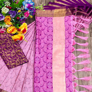 Pink Woven Cotton Silk Saree With Tassels