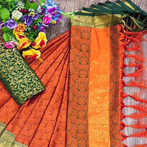 Rust Red Woven Cotton Silk Saree With Tassels