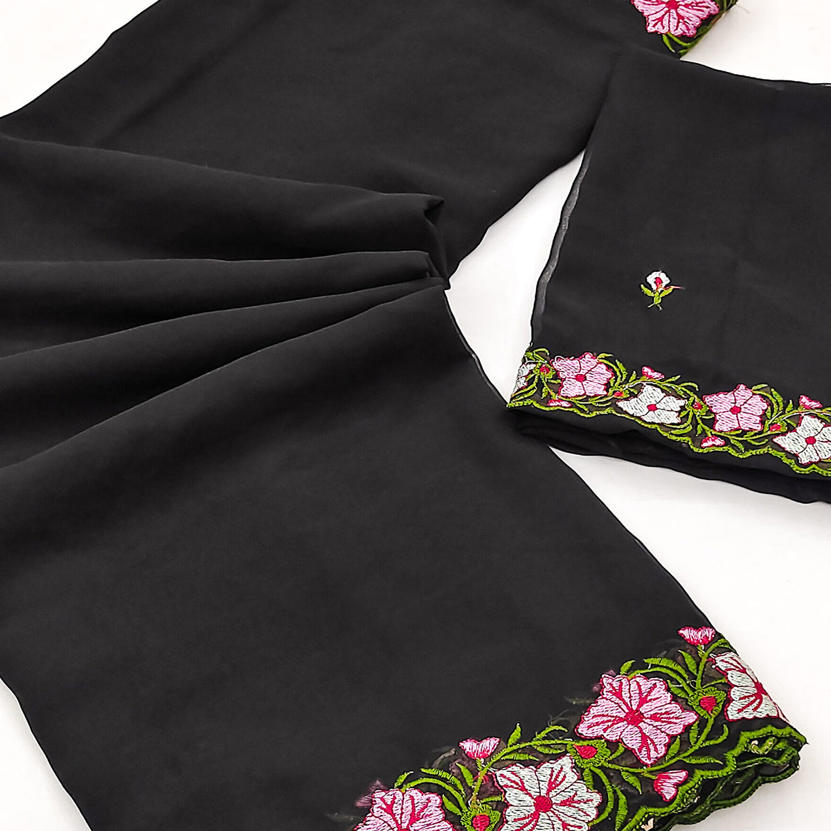 Black Faux Georgette Saree Featuring Minimalist Floral Border Embroidery