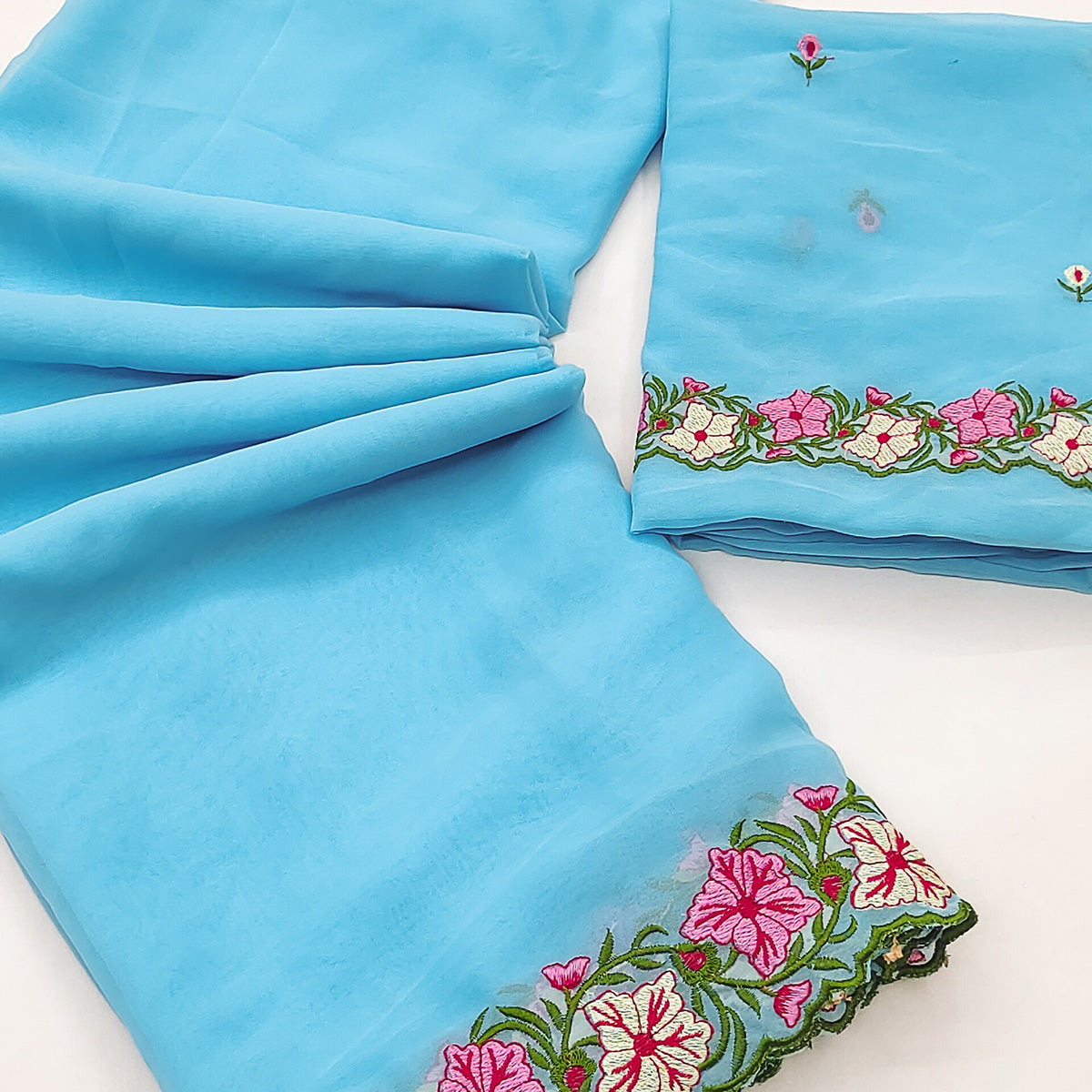 Blue Faux Georgette Saree Featuring Minimalist Floral Border Embroidery