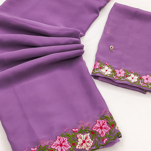 Purple Faux Georgette Saree Featuring Minimalist Floral Border Embroidery