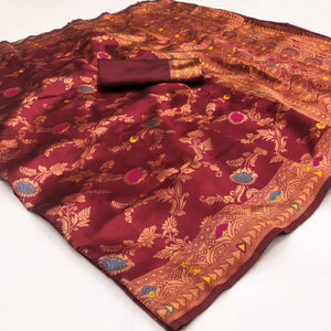 Maroon Floral Woven Art Silk Saree
