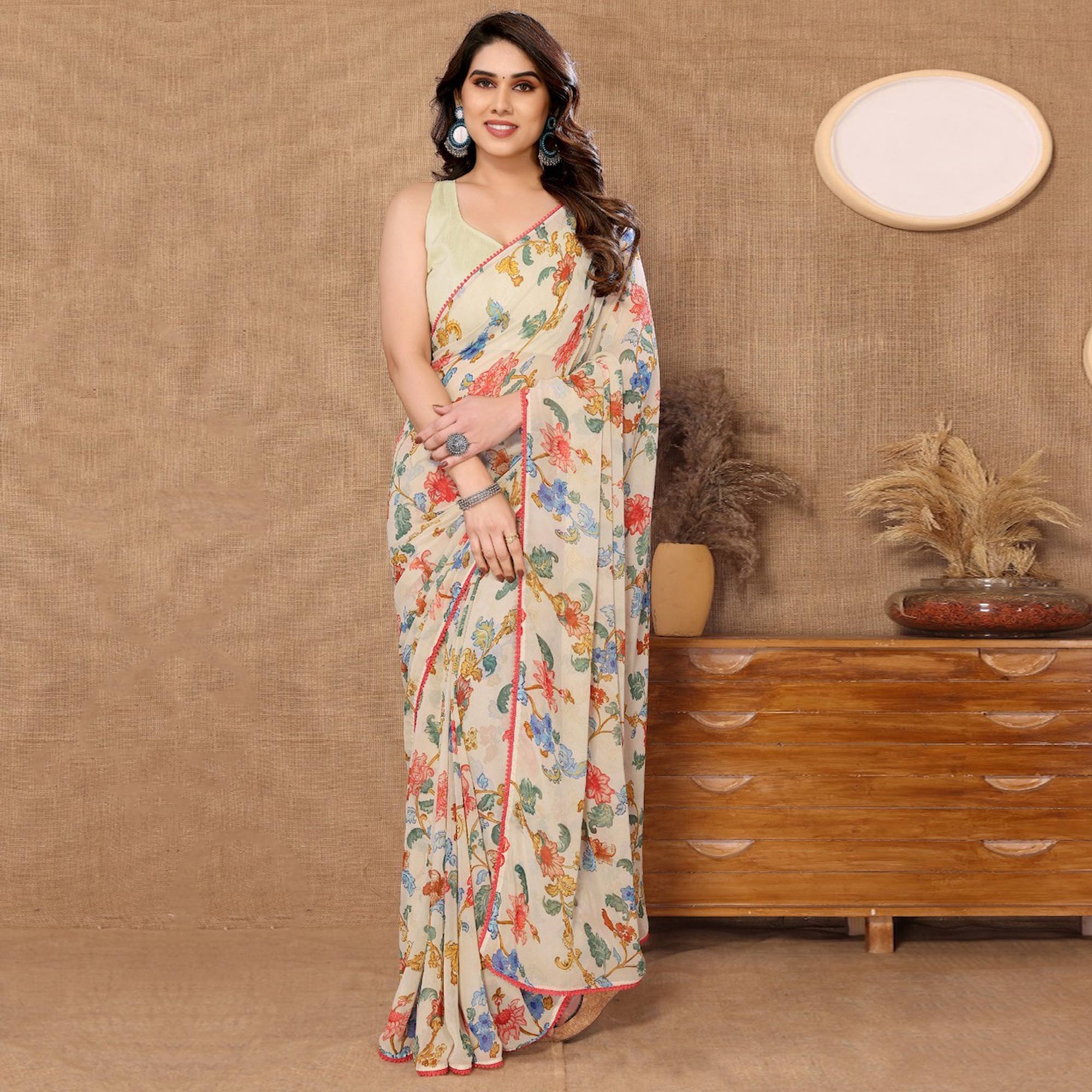 Beige Floral Printed Ready To Wear Georgette Saree