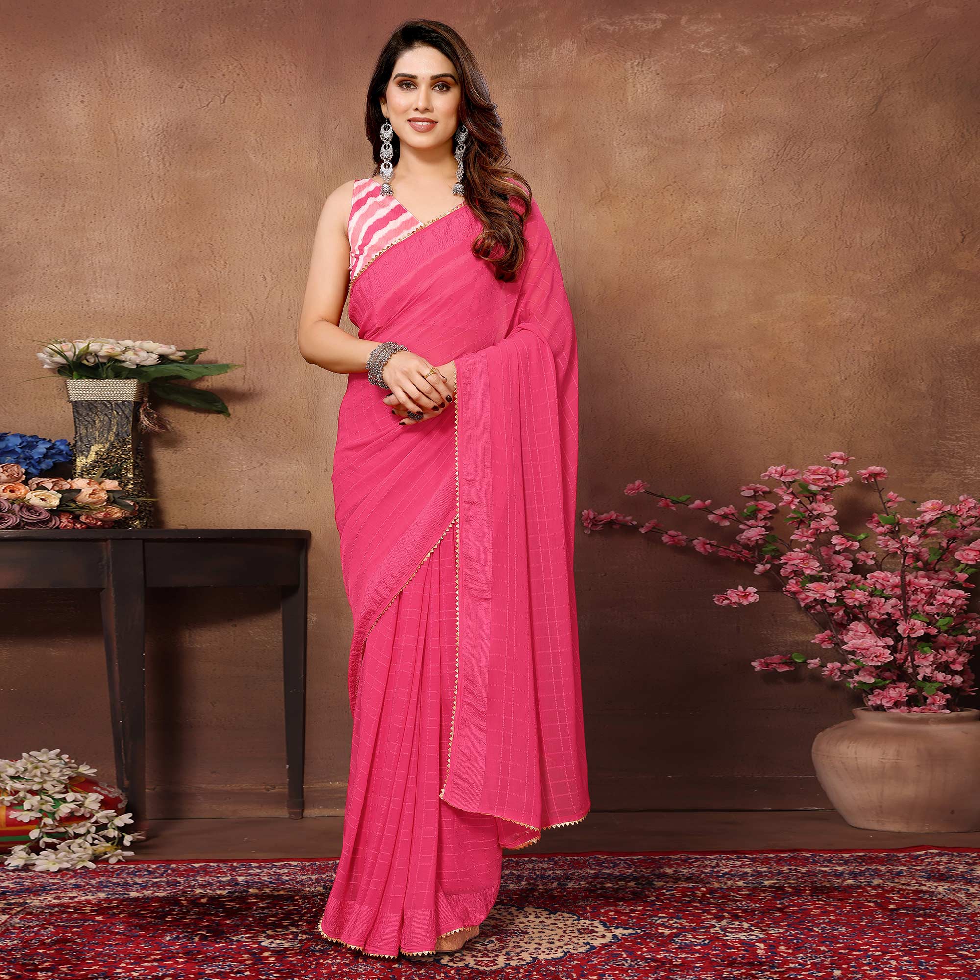 Pink Woven Checks Ready To Wear Georgette Saree