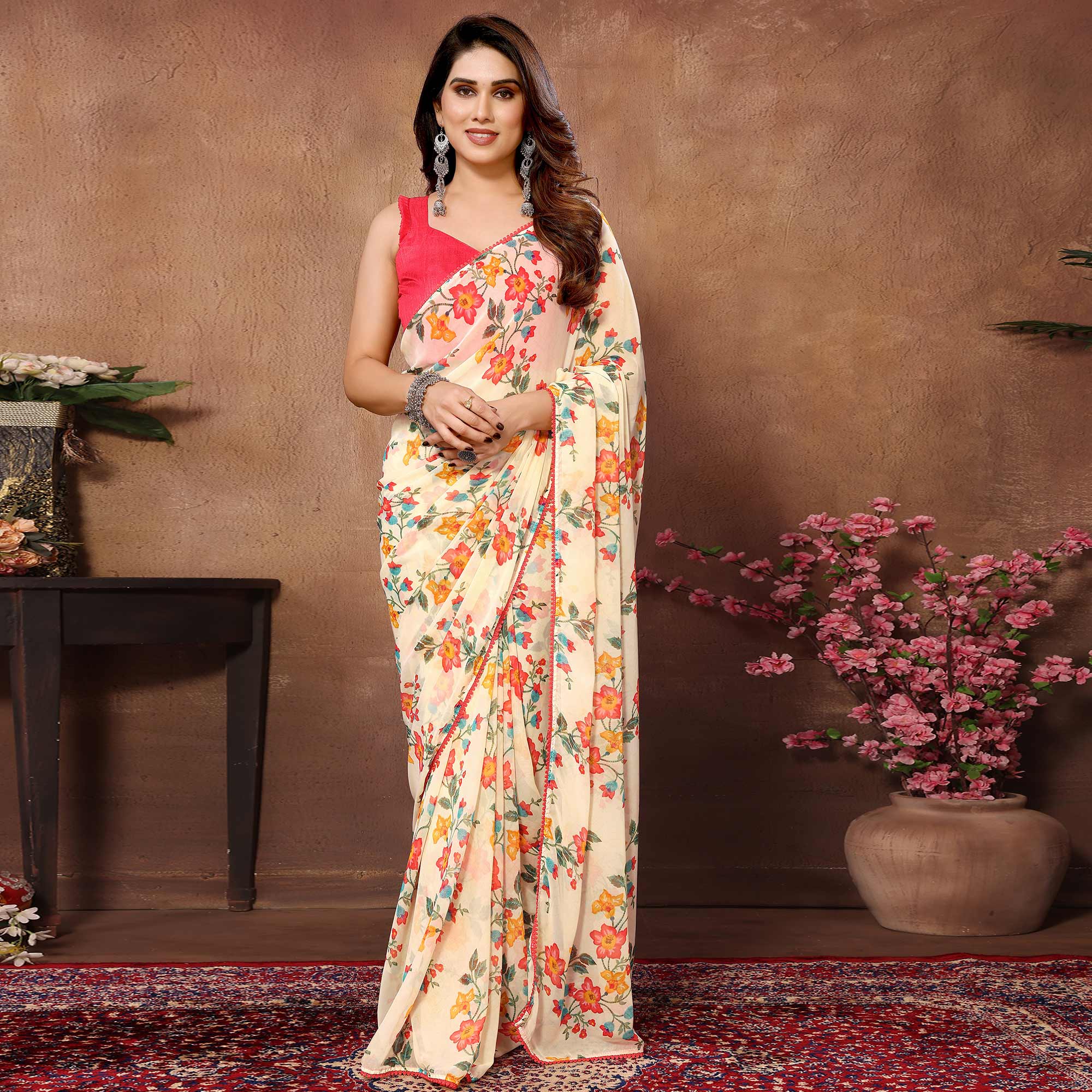 Cream Floral Printed Ready To Wear Georgette Saree