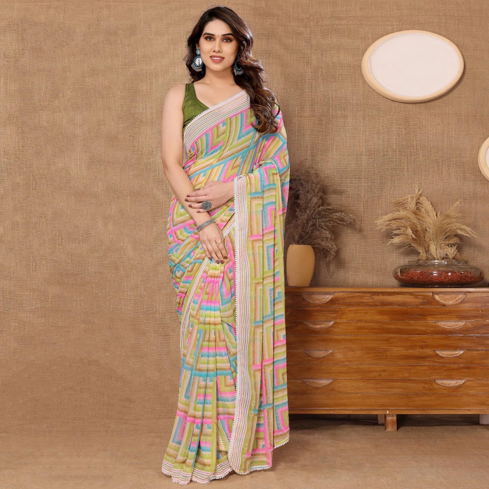 Green Geometric Printed Ready To Wear Georgette Saree