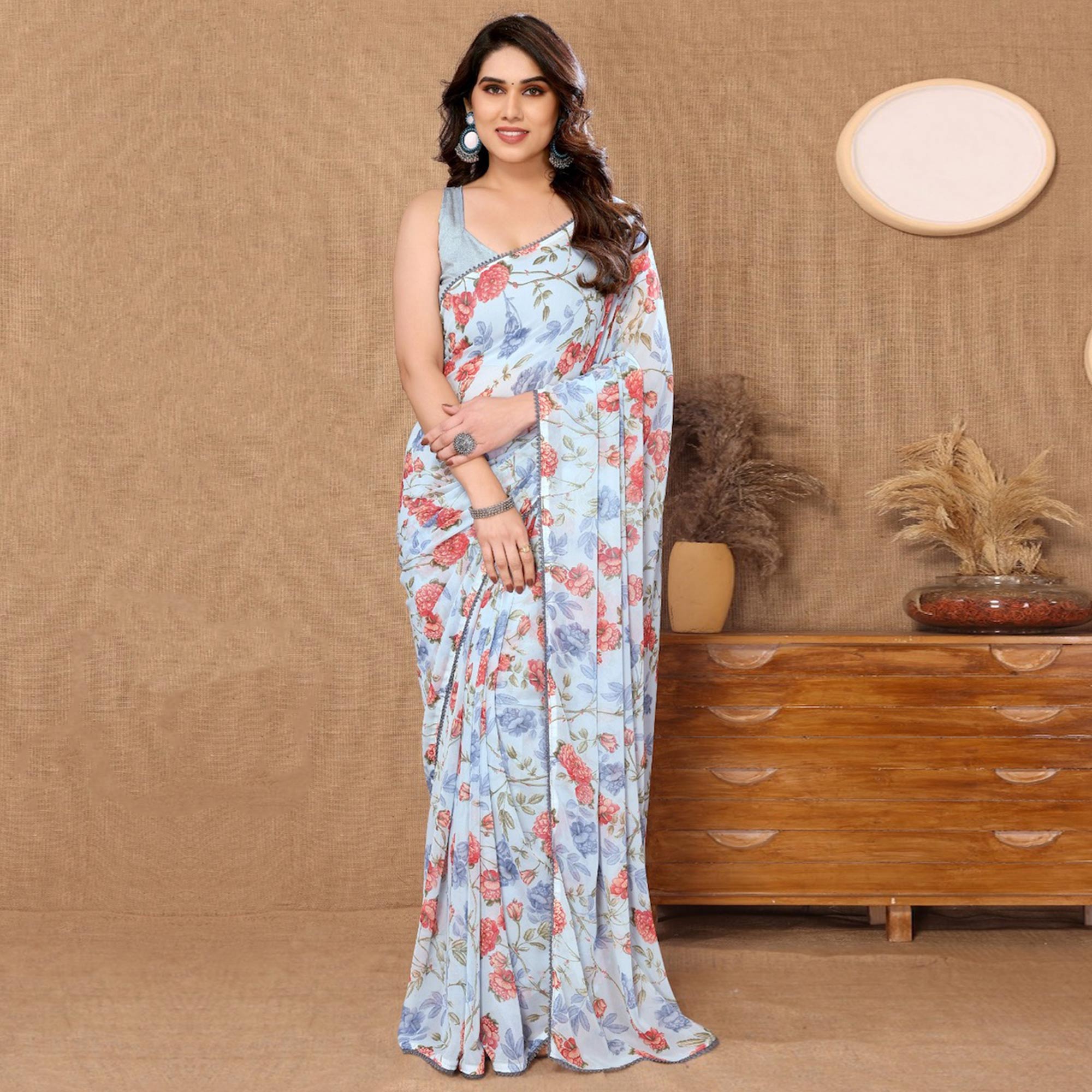 Light Blue Floral Printed Ready To Wear Georgette Saree