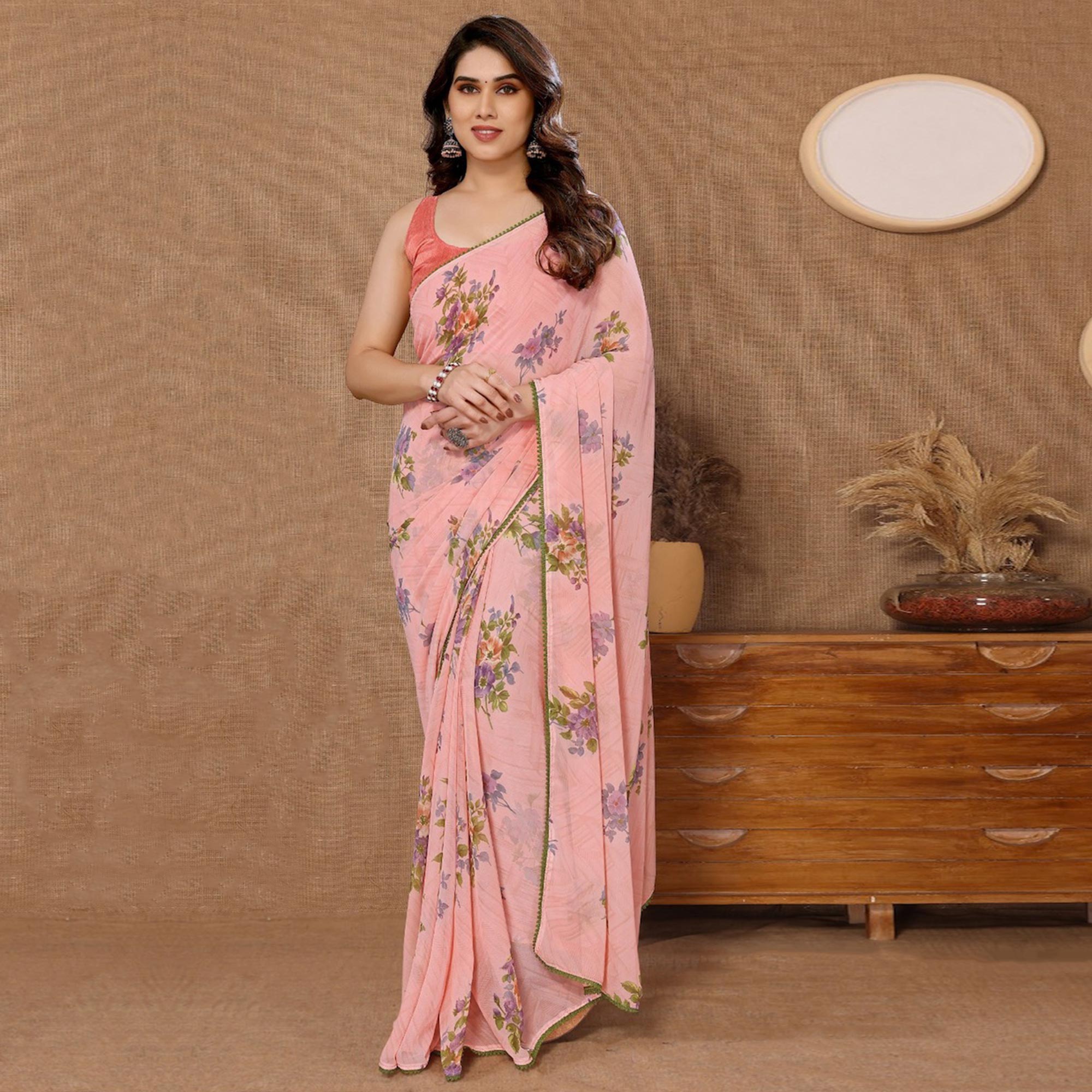 Peach Floral Printed Ready To Wear Georgette Saree