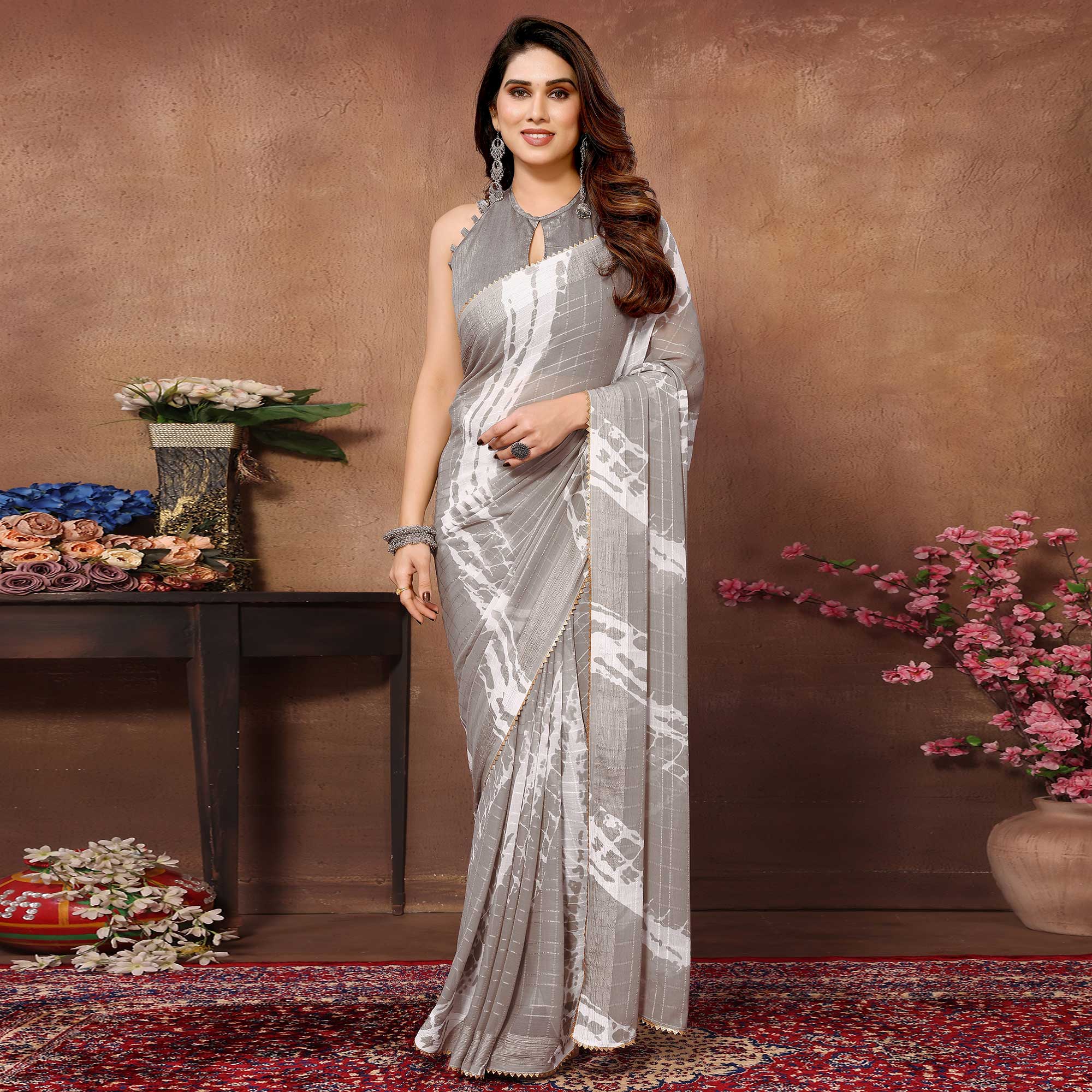 Light Grey Woven With Printed Ready To Wear Georgette Saree