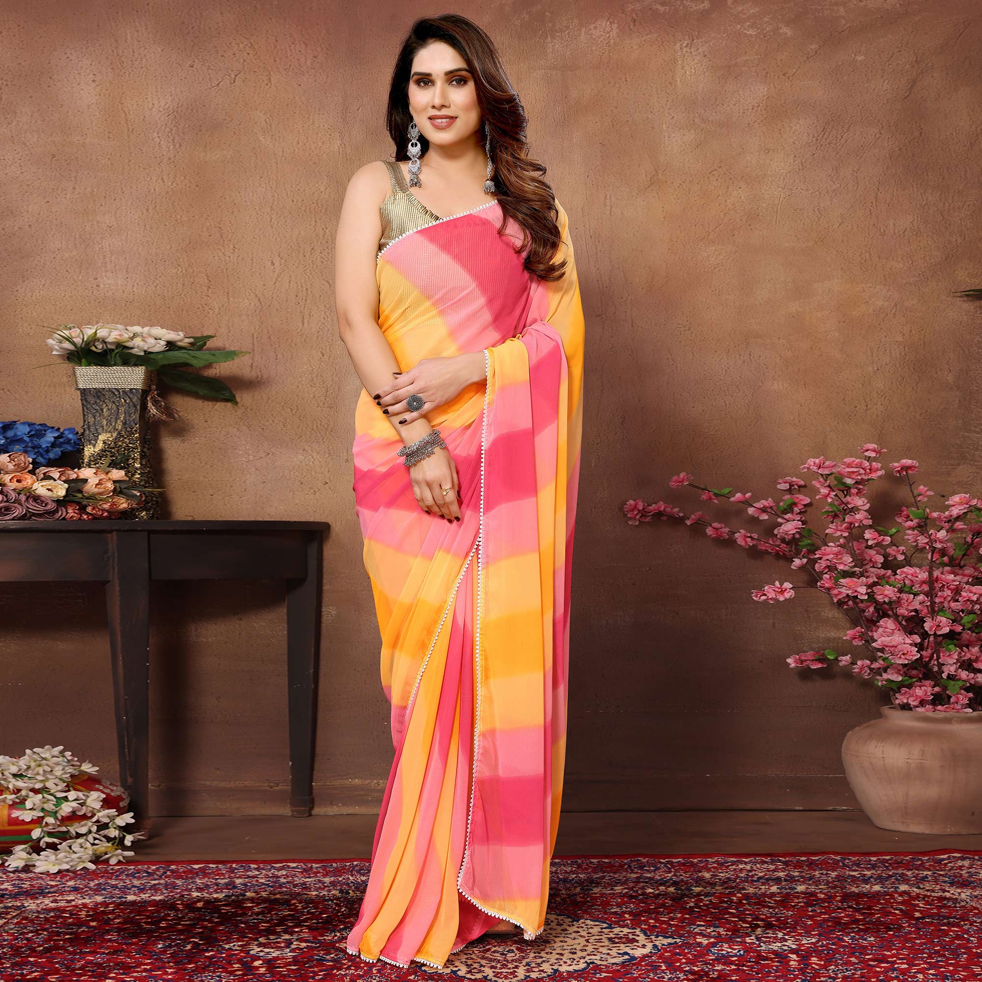 Yellow & Pink Printed Ready To Wear Georgette Saree