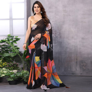 Black Printed Georgette Ready To Wear Saree