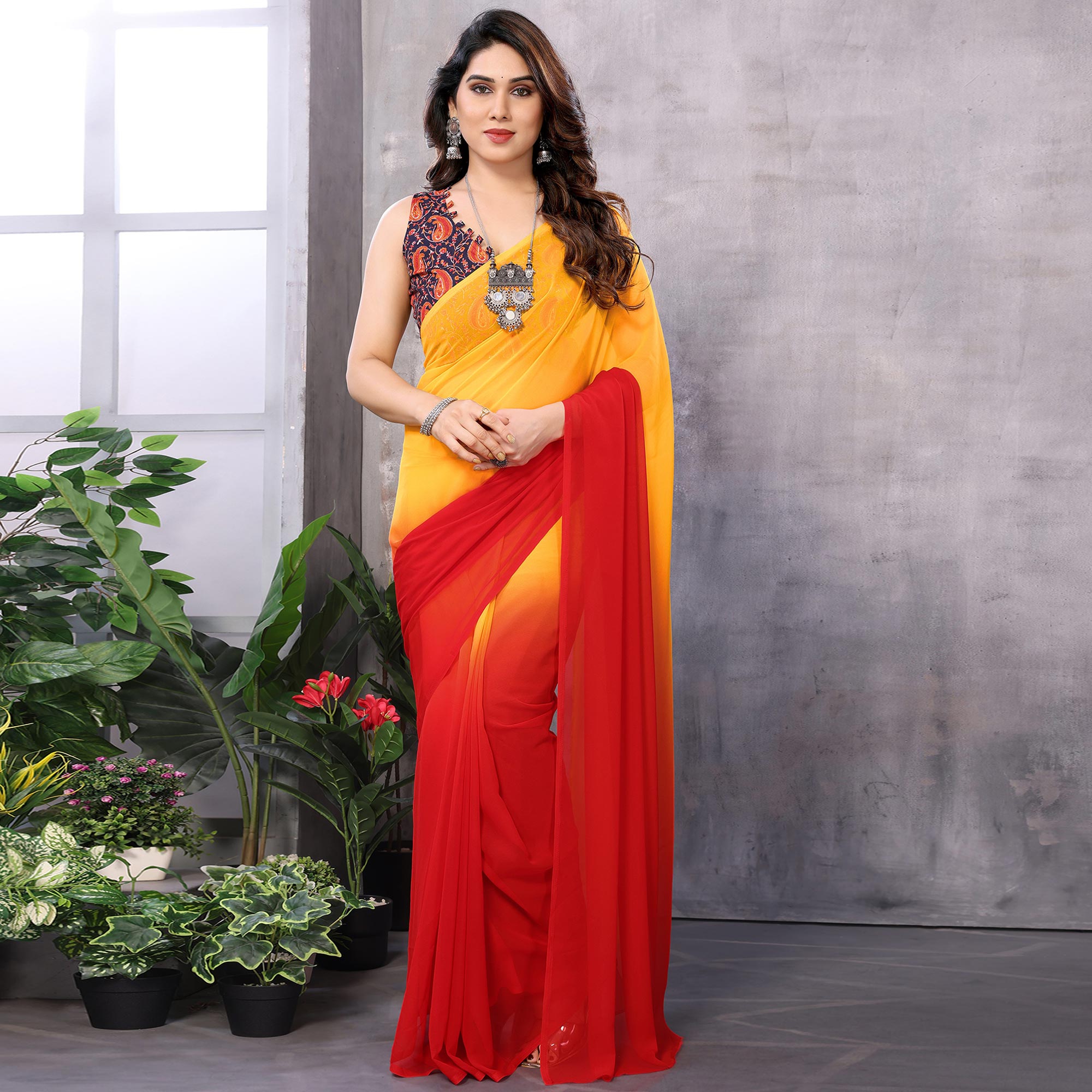 Red & Orange Ombre Printed Georgette Ready To Wear Saree