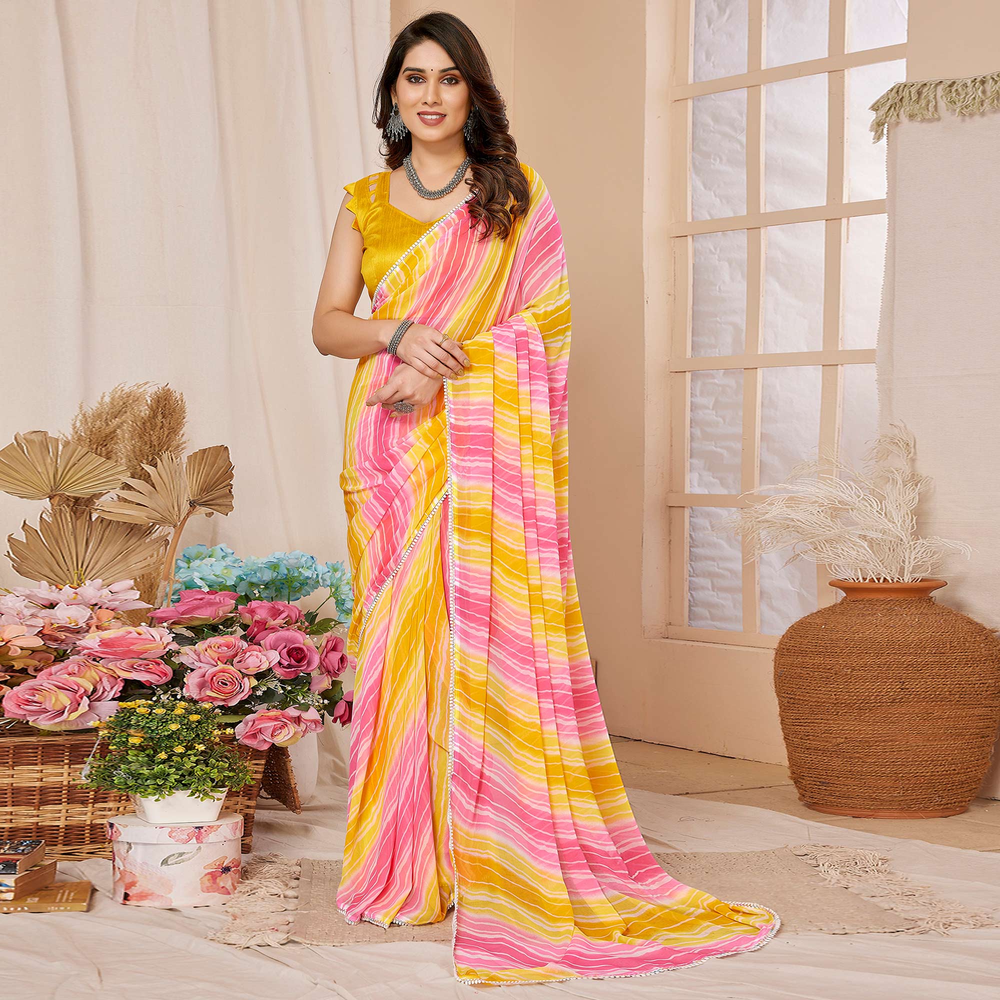 Yellow & Pink Printed Ready To Wear Georgette Saree