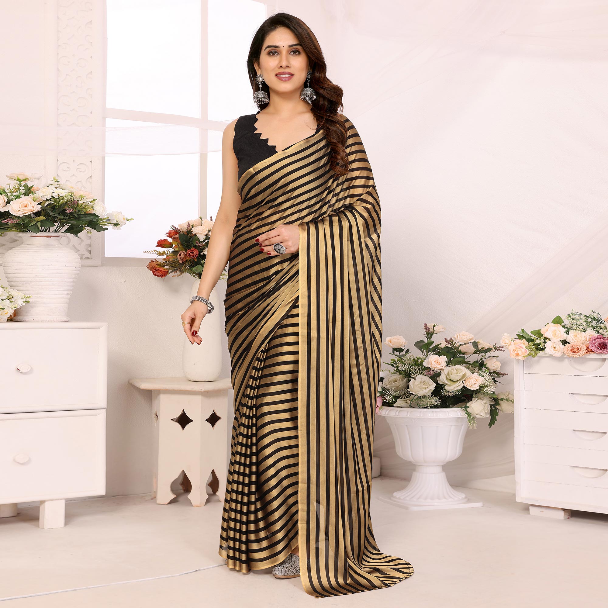 Gold Striped Printed Georgette Ready To Wear Saree