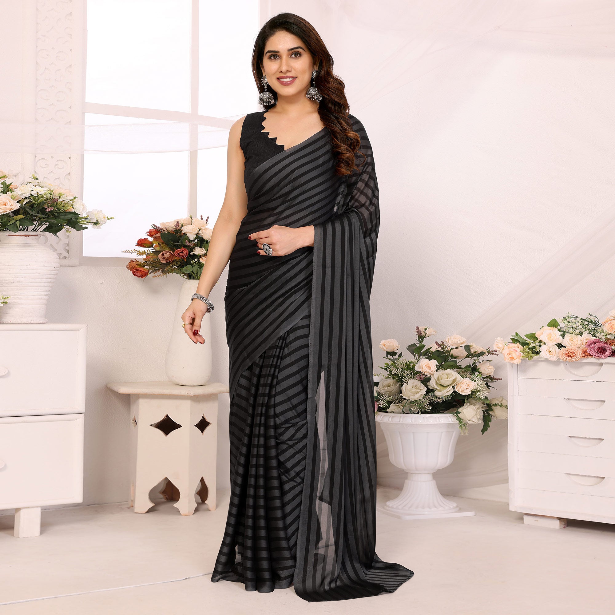 Grey Striped Printed Georgette Ready To Wear Saree