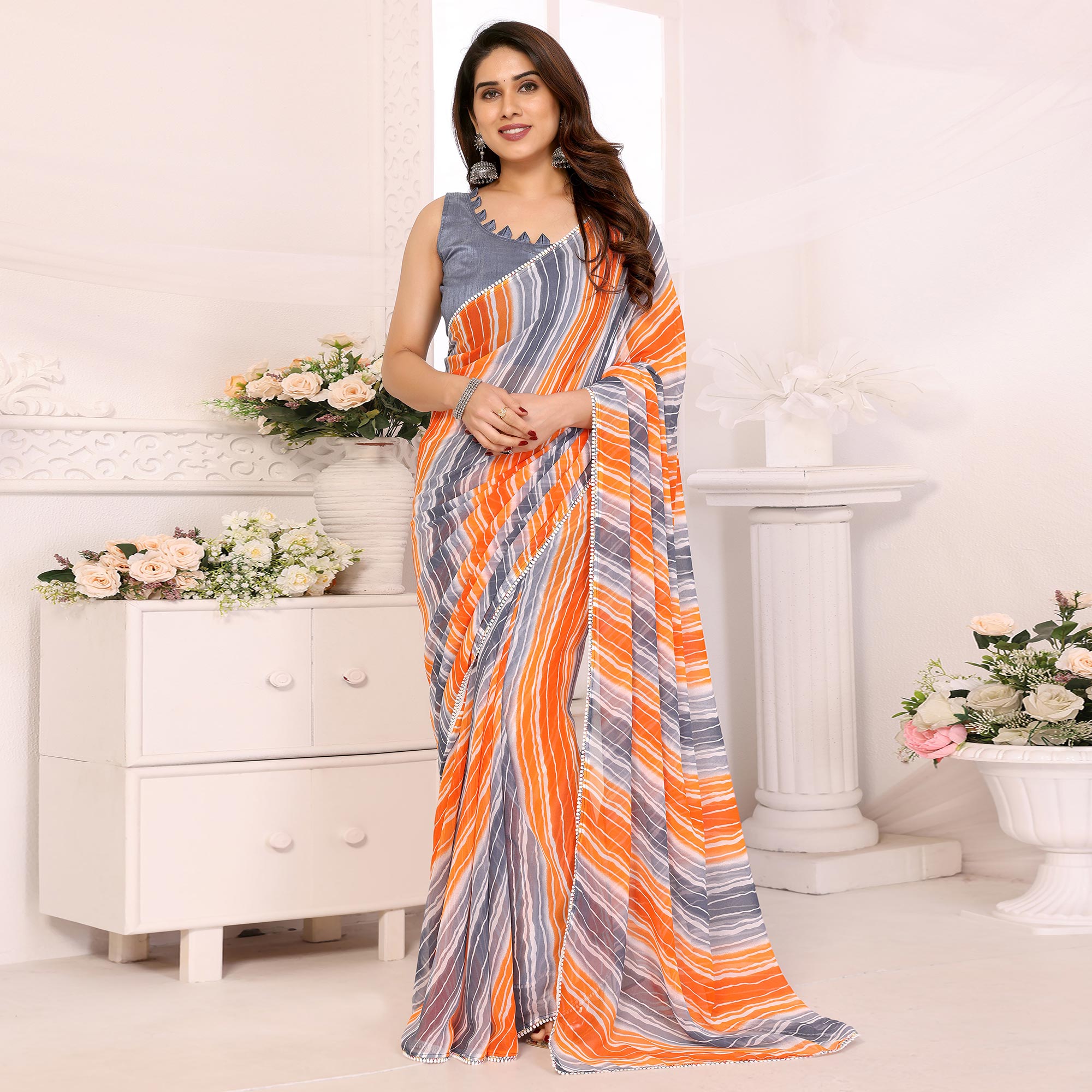 Grey & Orange Leheriya Printed Georgette Ready To Wear Saree