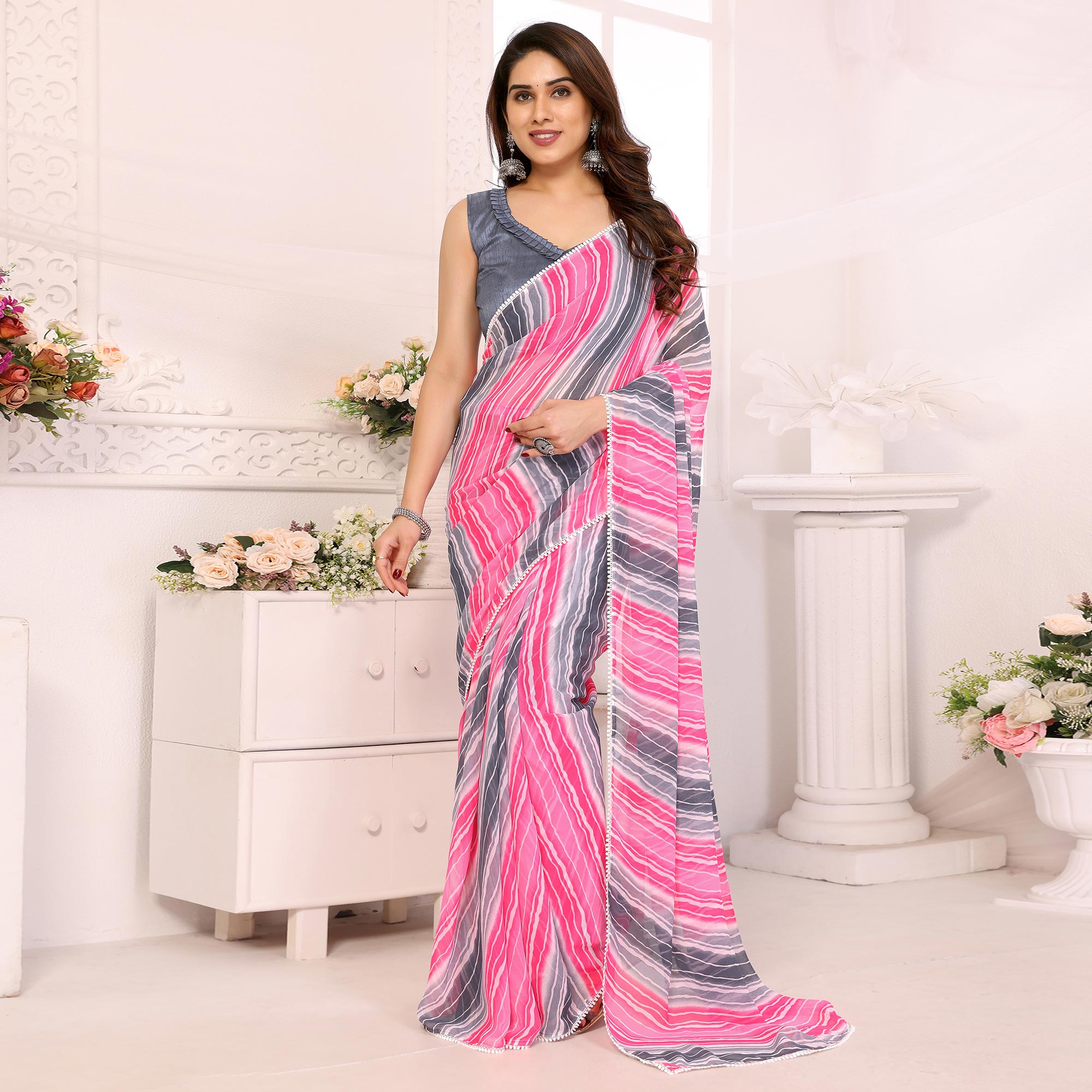 Grey & Pink Leheriya Printed Georgette Ready To Wear Saree