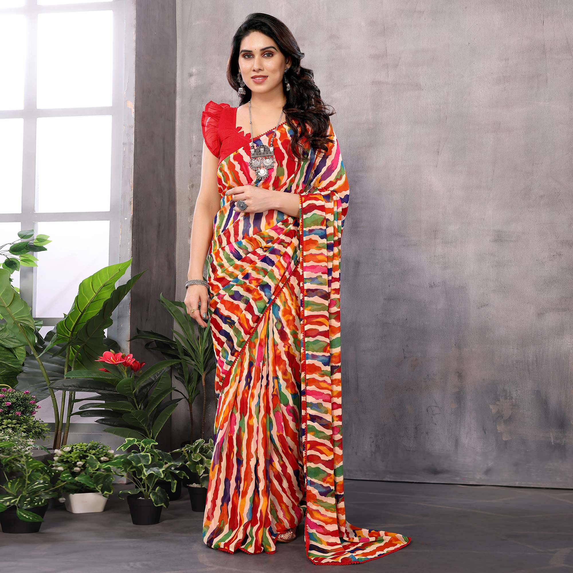 Multicolor Striped Printed Georgette Ready To Wear Saree