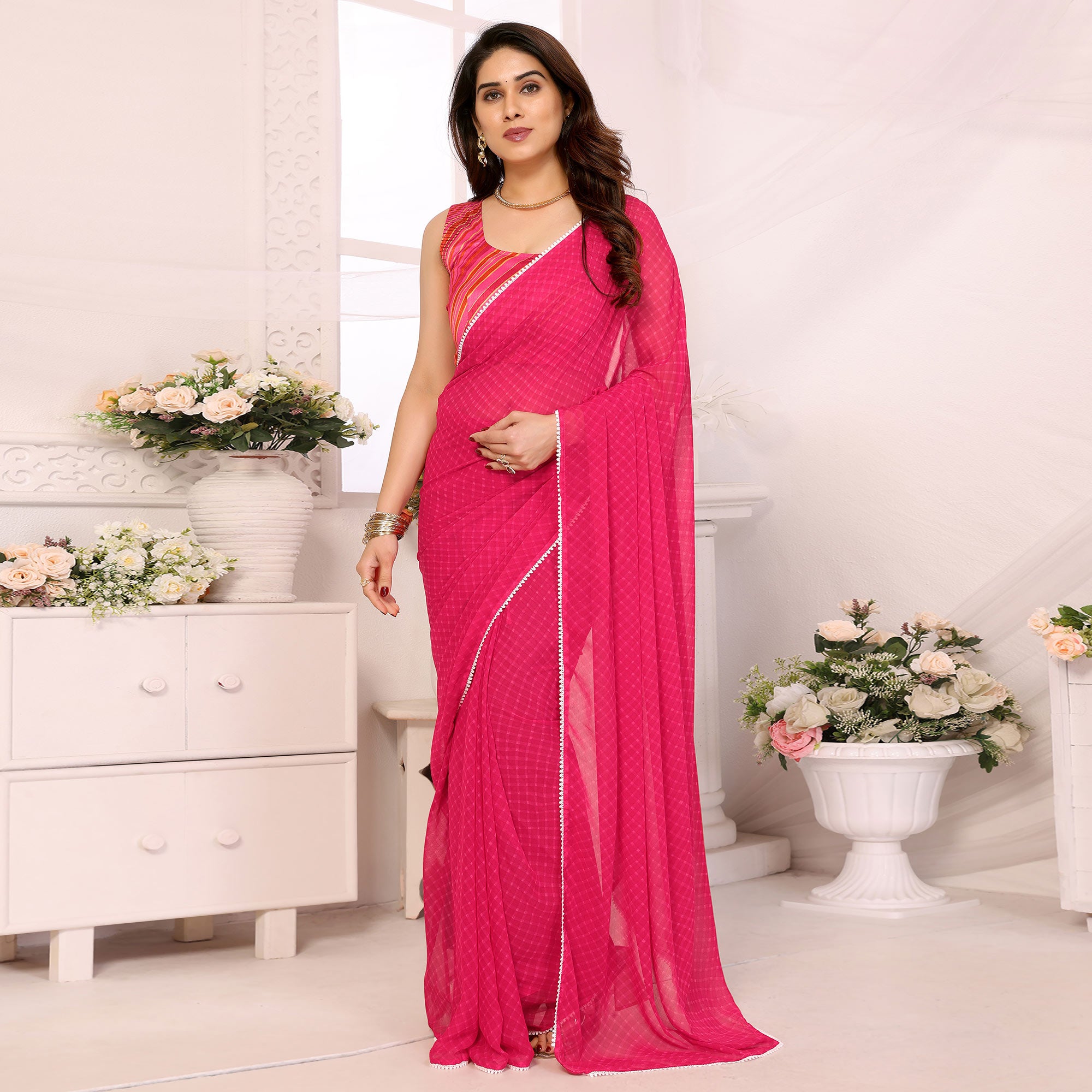 Pink Striped Printed Georgette Ready To Wear Saree