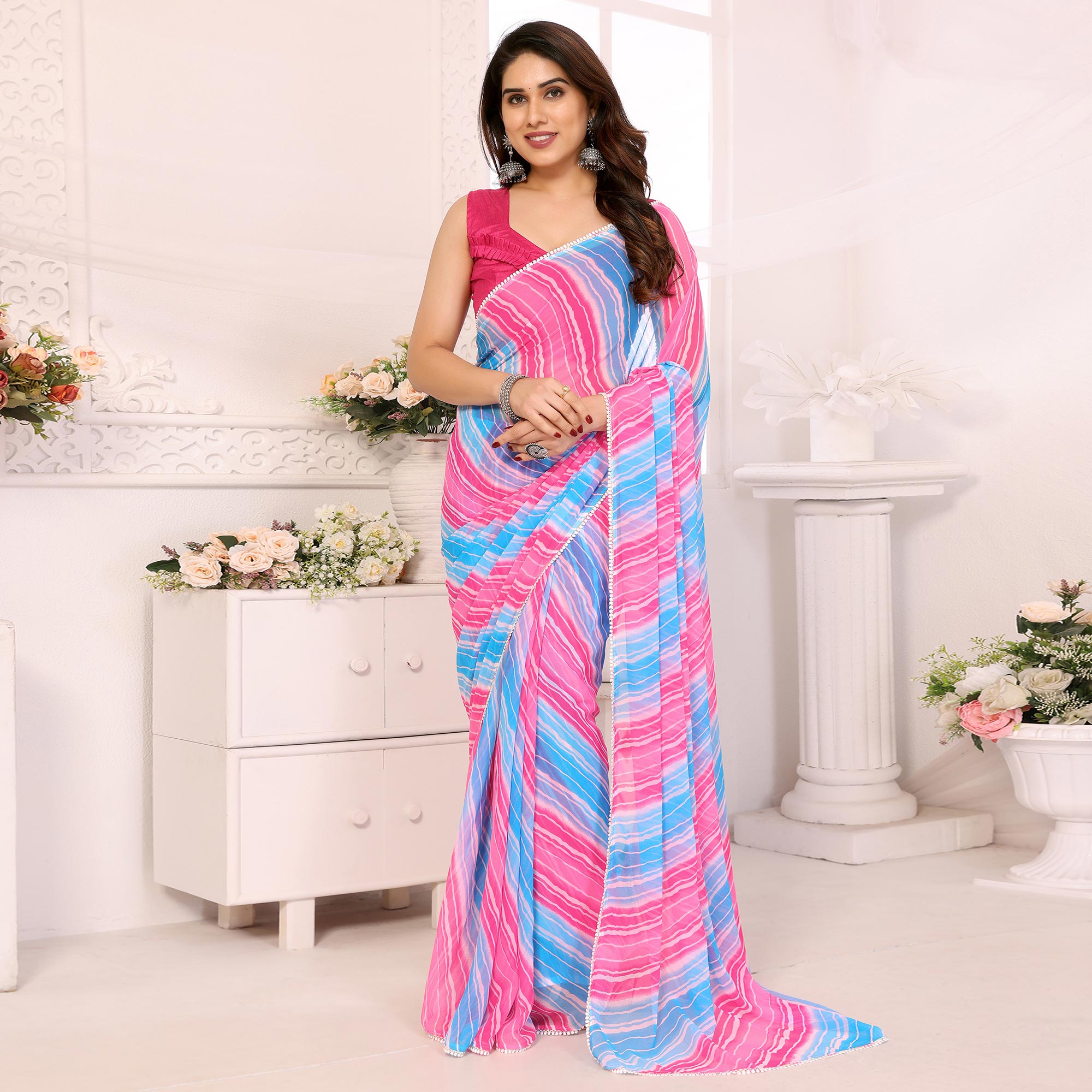 Pink & Blue Leheriya Printed Georgette Ready To Wear Saree