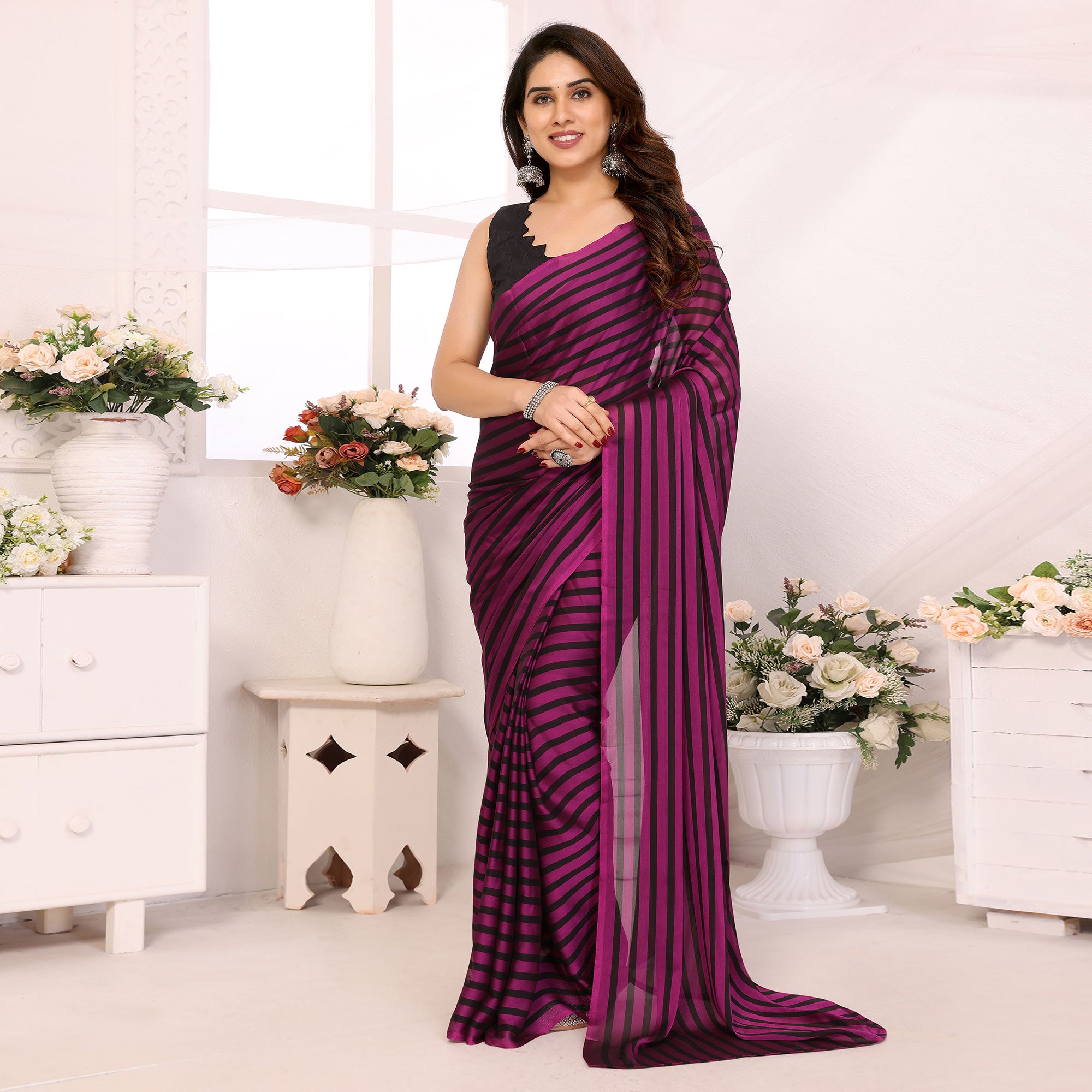 Purple Striped Printed Georgette Ready To Wear Saree