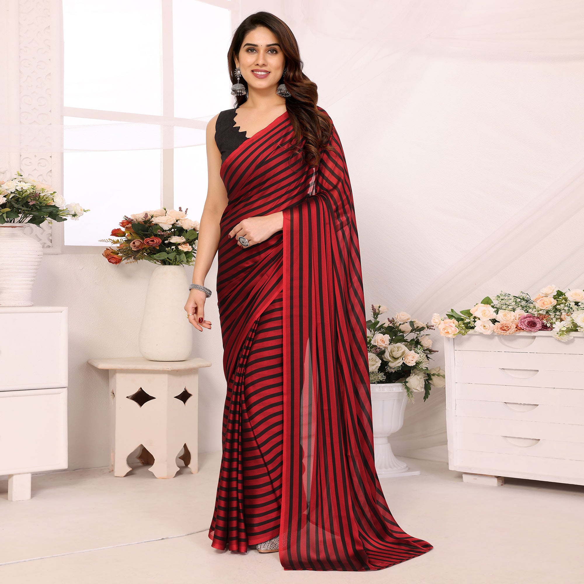 Red Striped Printed Georgette Ready To Wear Saree