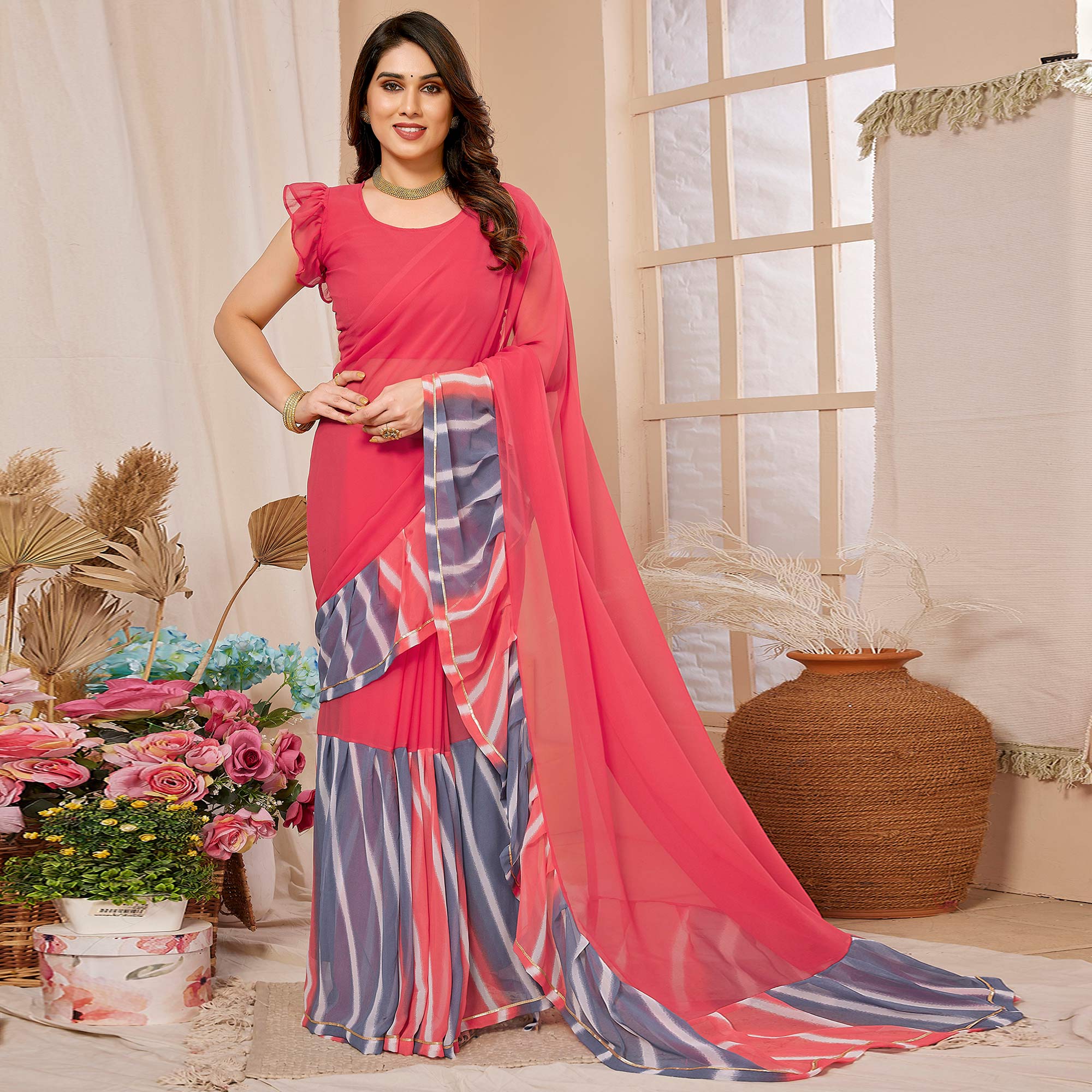 Pink Solid Georgette Saree With Printed Ruffle Border