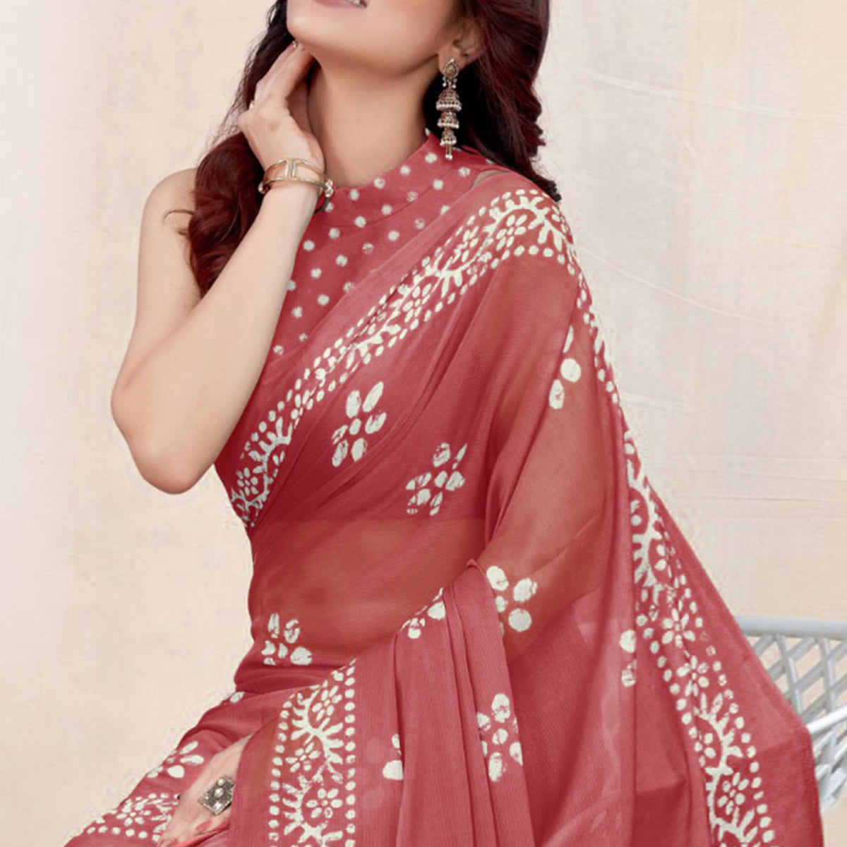 Peach Floral Printed Chiffon Saree