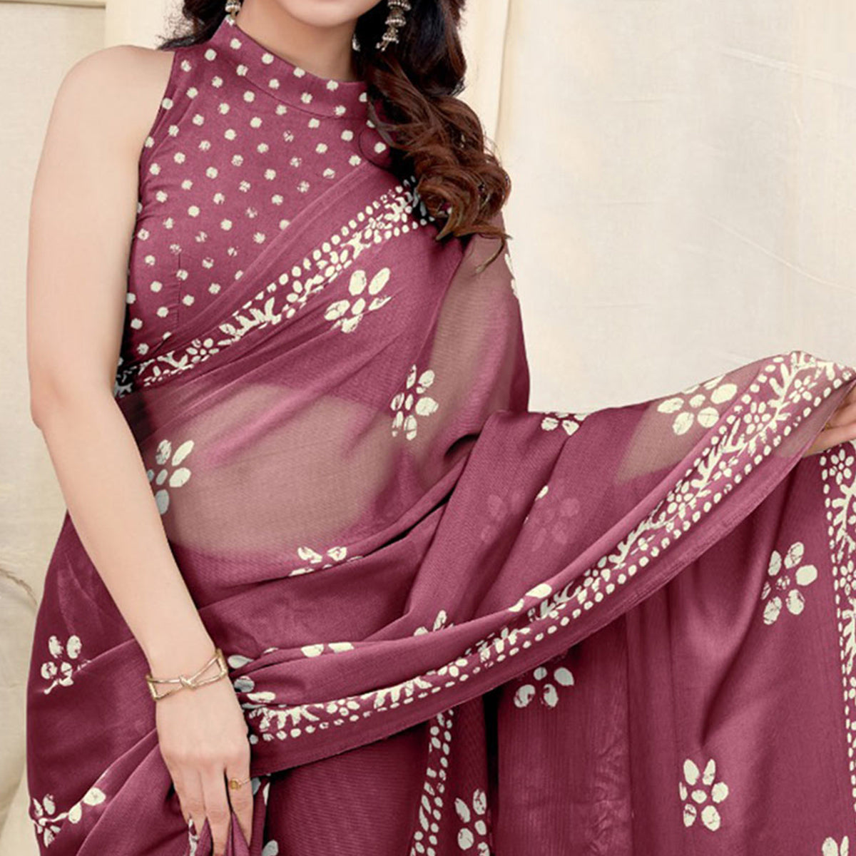 Wine Floral Printed Chiffon Saree