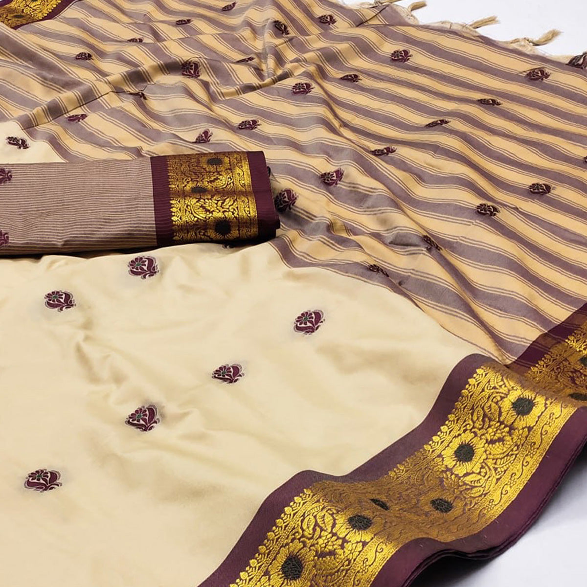 Beige & Brown Woven Cotton Silk Saree With Tassels