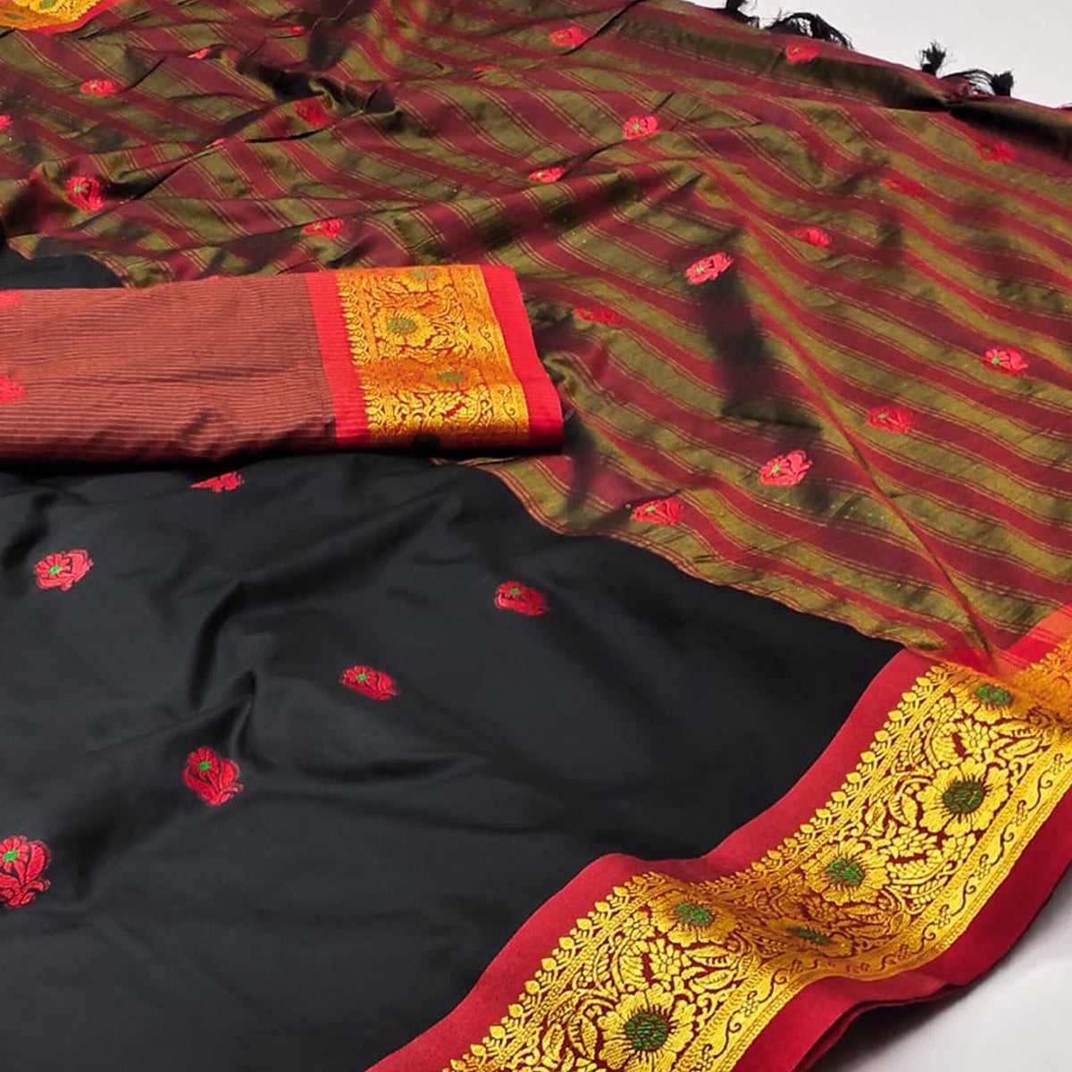 Black Woven Cotton Silk Saree With Tassels