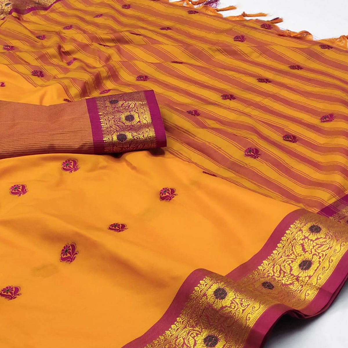 Orange Woven Cotton Silk Saree With Tassels