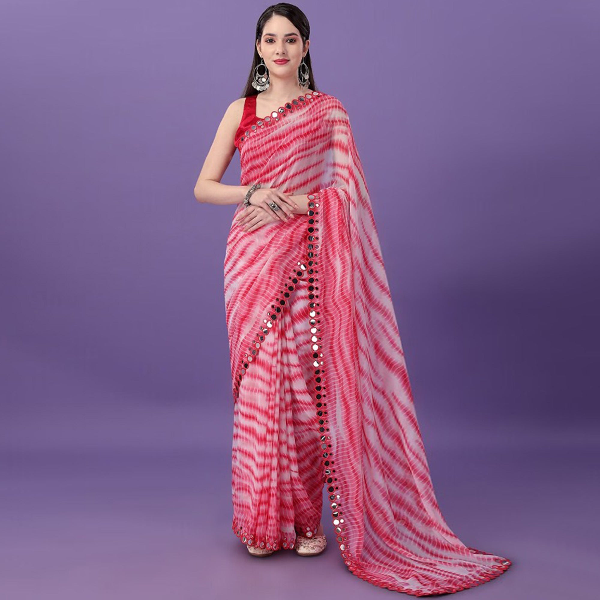 Pink Printed With Embroidered Border Georgette Saree