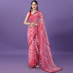 Pink Printed With Embroidered Border Georgette Saree