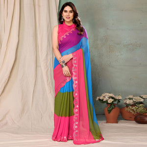 Multicolor Printed Georgette Saree With Mirror Work Border