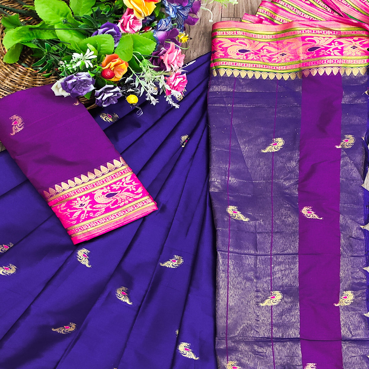 Blue Butti Work Woven Cotton Silk Saree