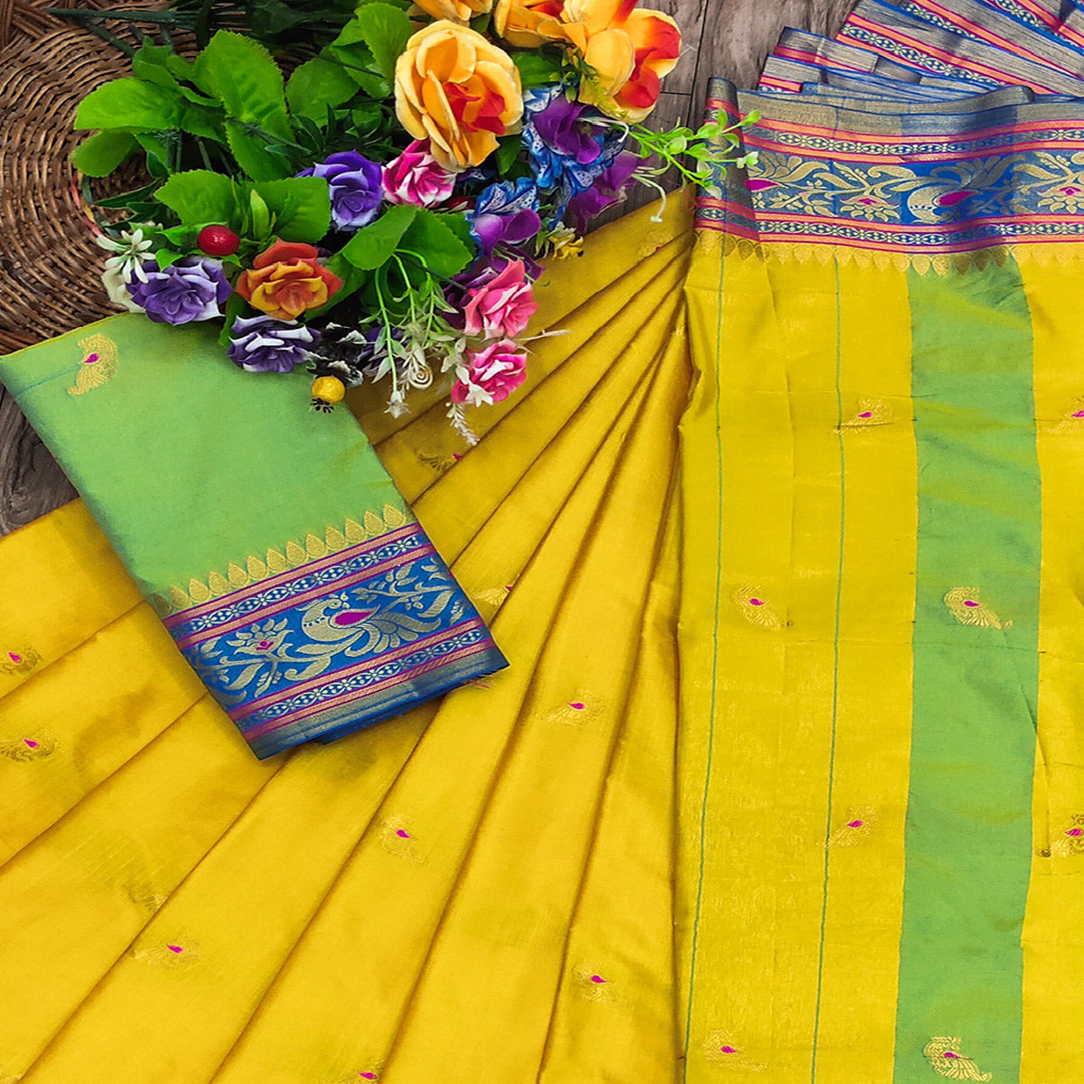 Yellow Butti Work Woven Cotton Silk Saree