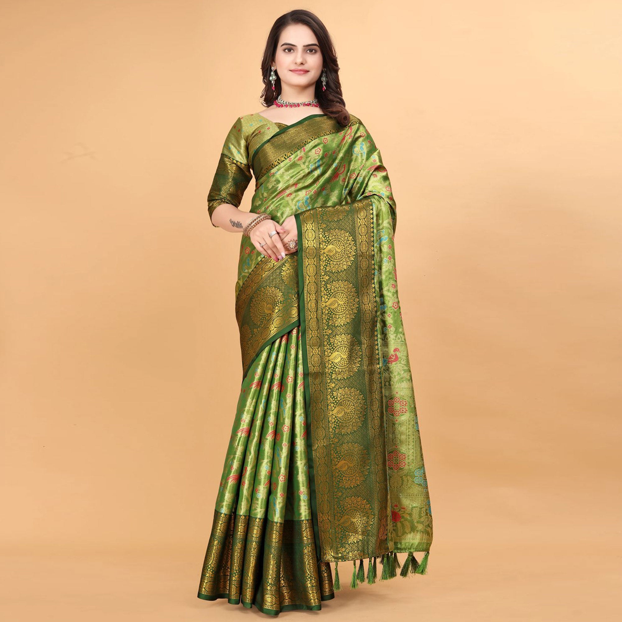Green Floral Woven Tissue Silk Saree With Tassels