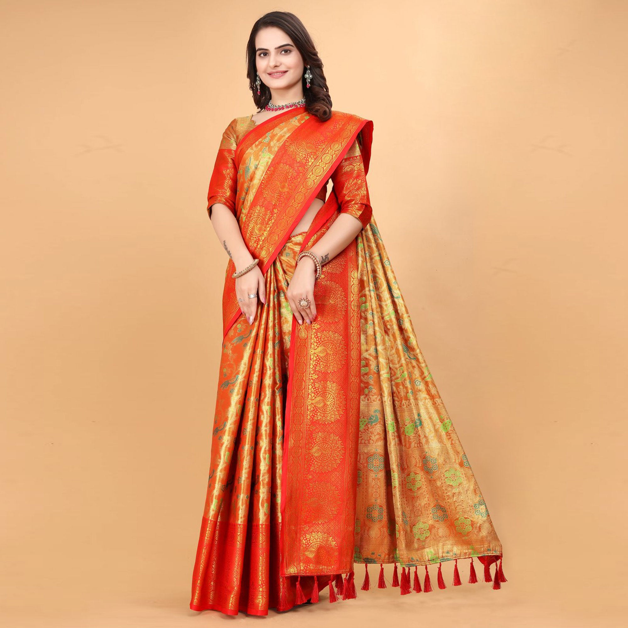 Orange & Red Floral Woven Tissue Silk Saree With Tassels