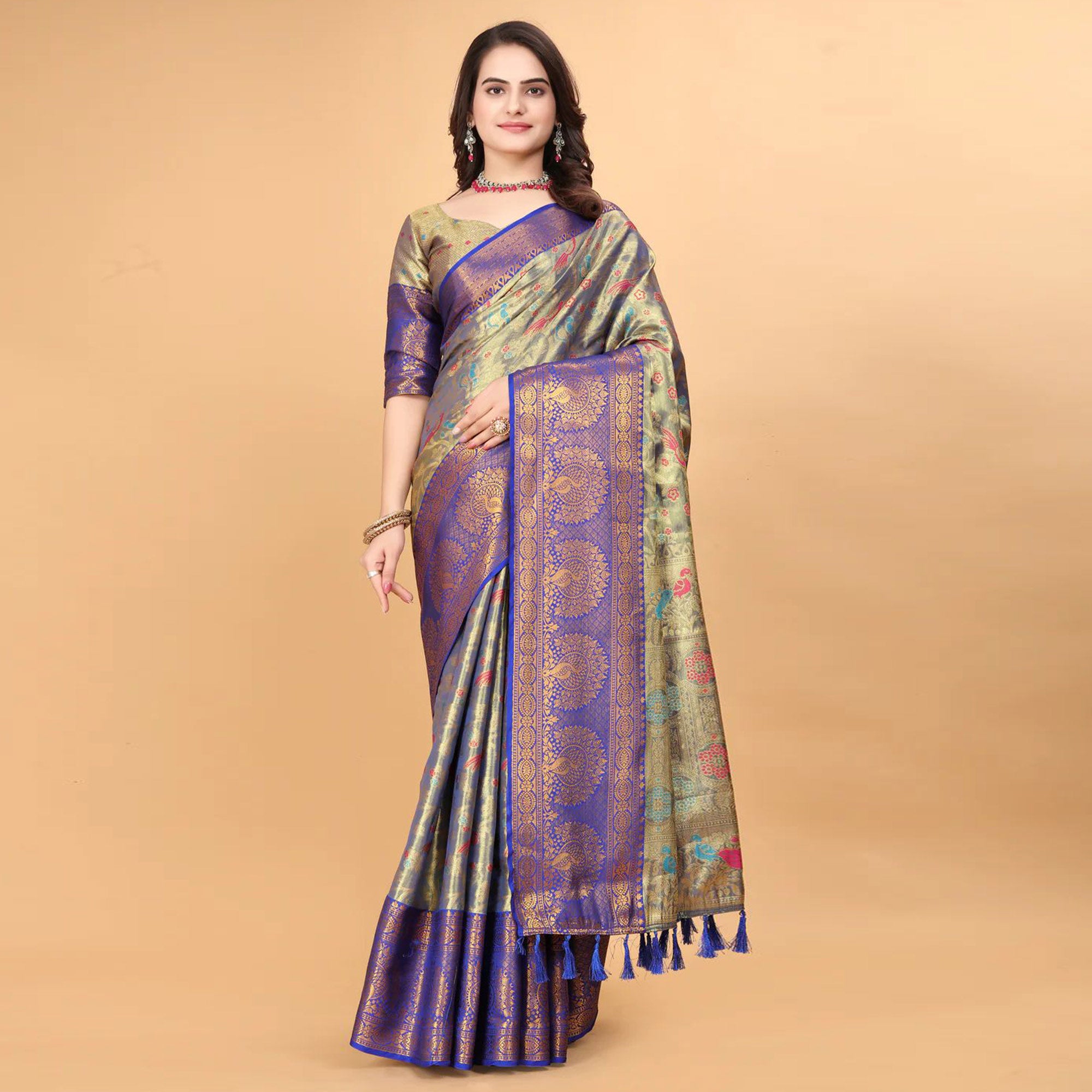 Royal Blue Floral Woven Tissue Silk Saree With Tassels