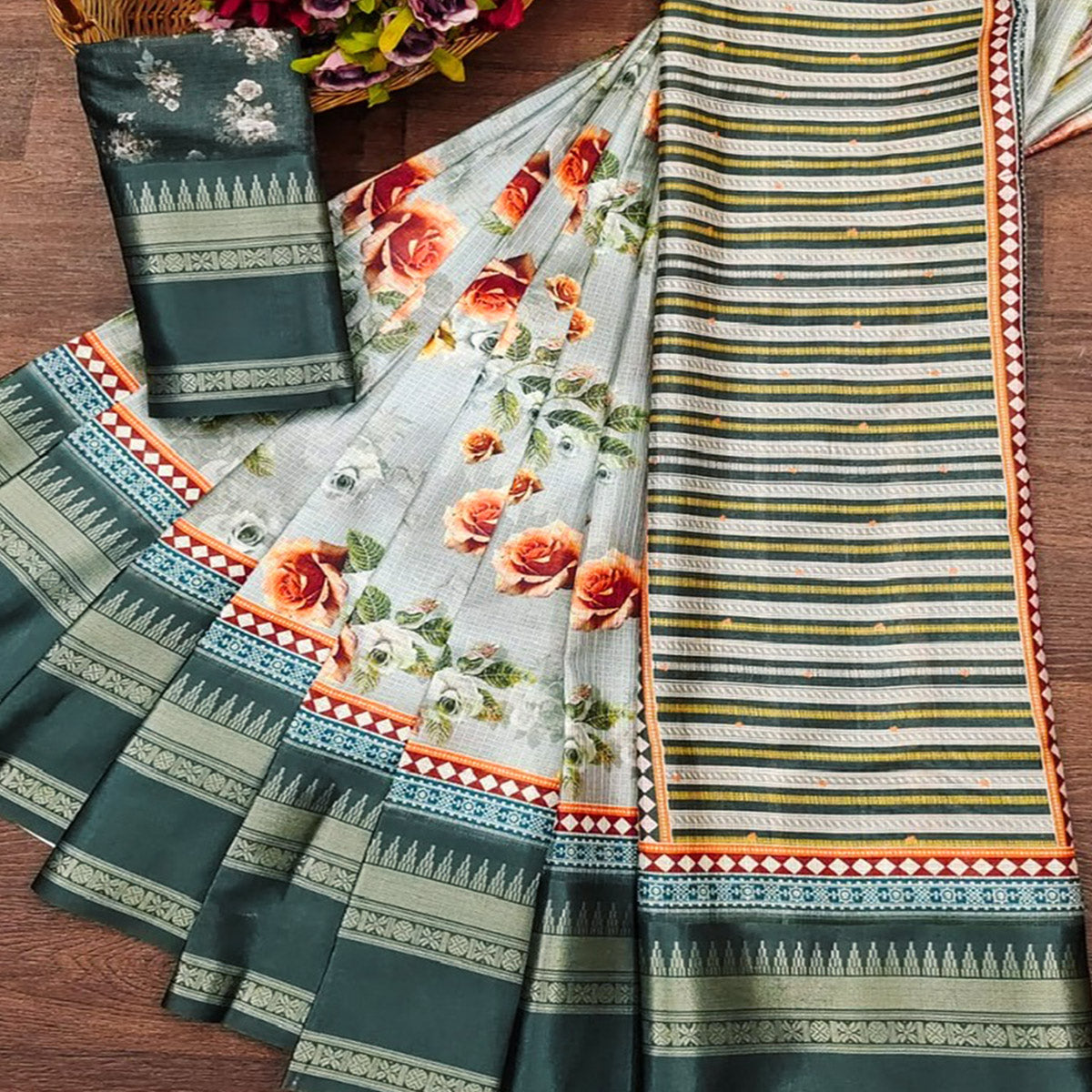 Dark Grey Floral Digital Printed Cotton Silk Saree