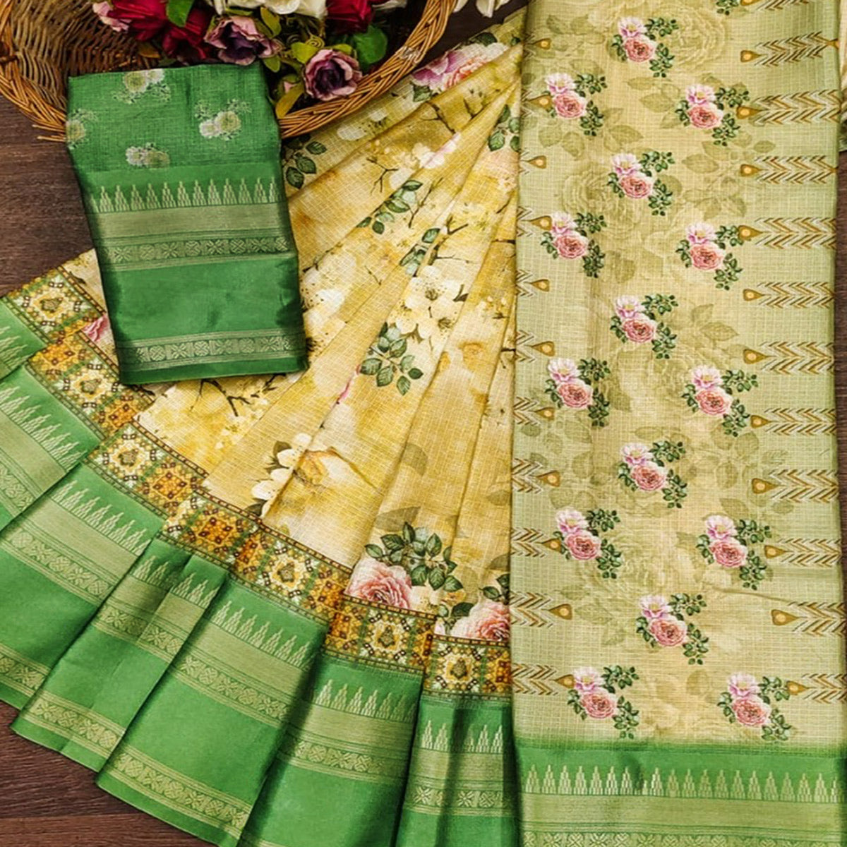Green Floral Digital Printed Cotton Silk Saree