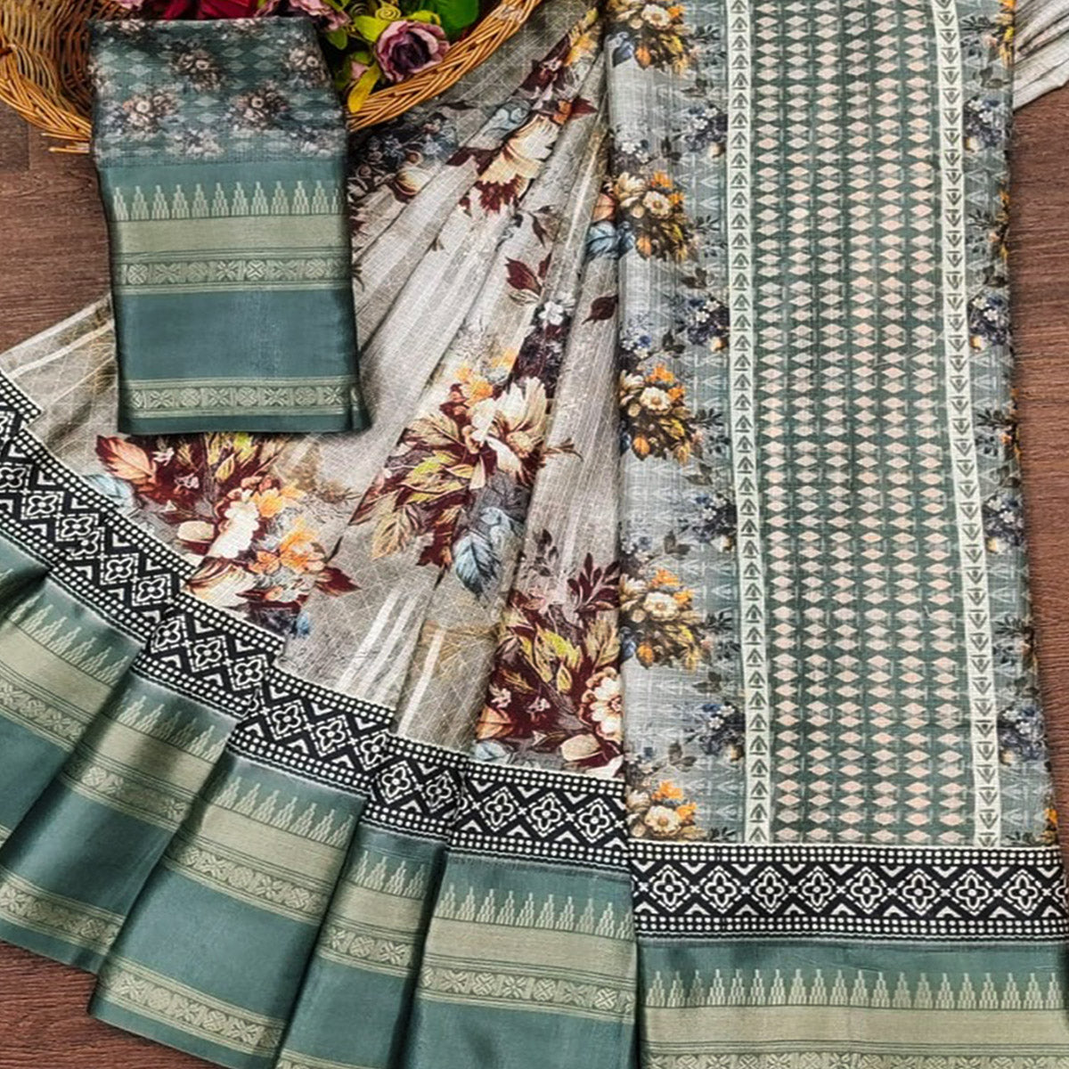 Muted Green Floral Digital Printed Cotton Silk Saree