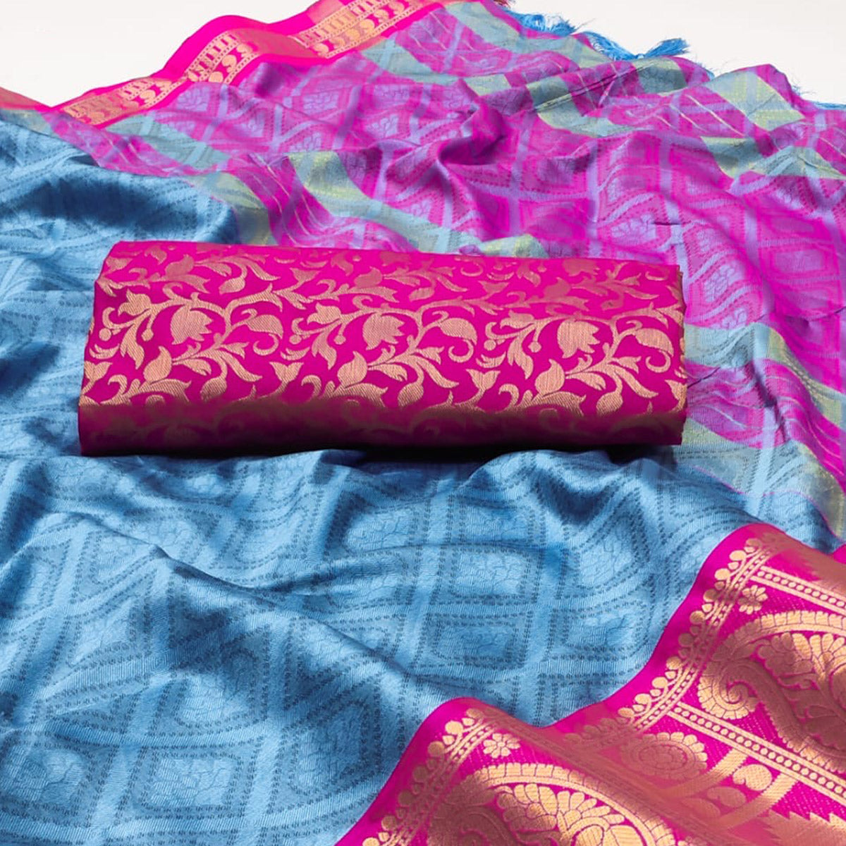 Blue Woven Cotton Silk Saree With Tassels