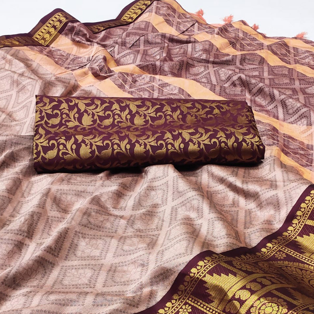 Brown Woven Cotton Silk Saree With Tassels