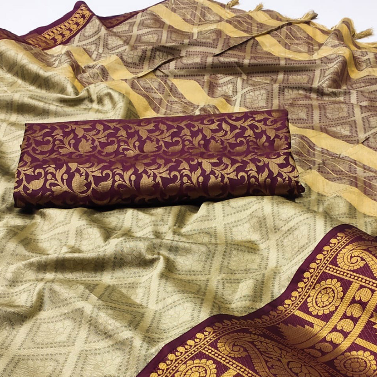 Chikoo Woven Cotton Silk Saree With Tassels