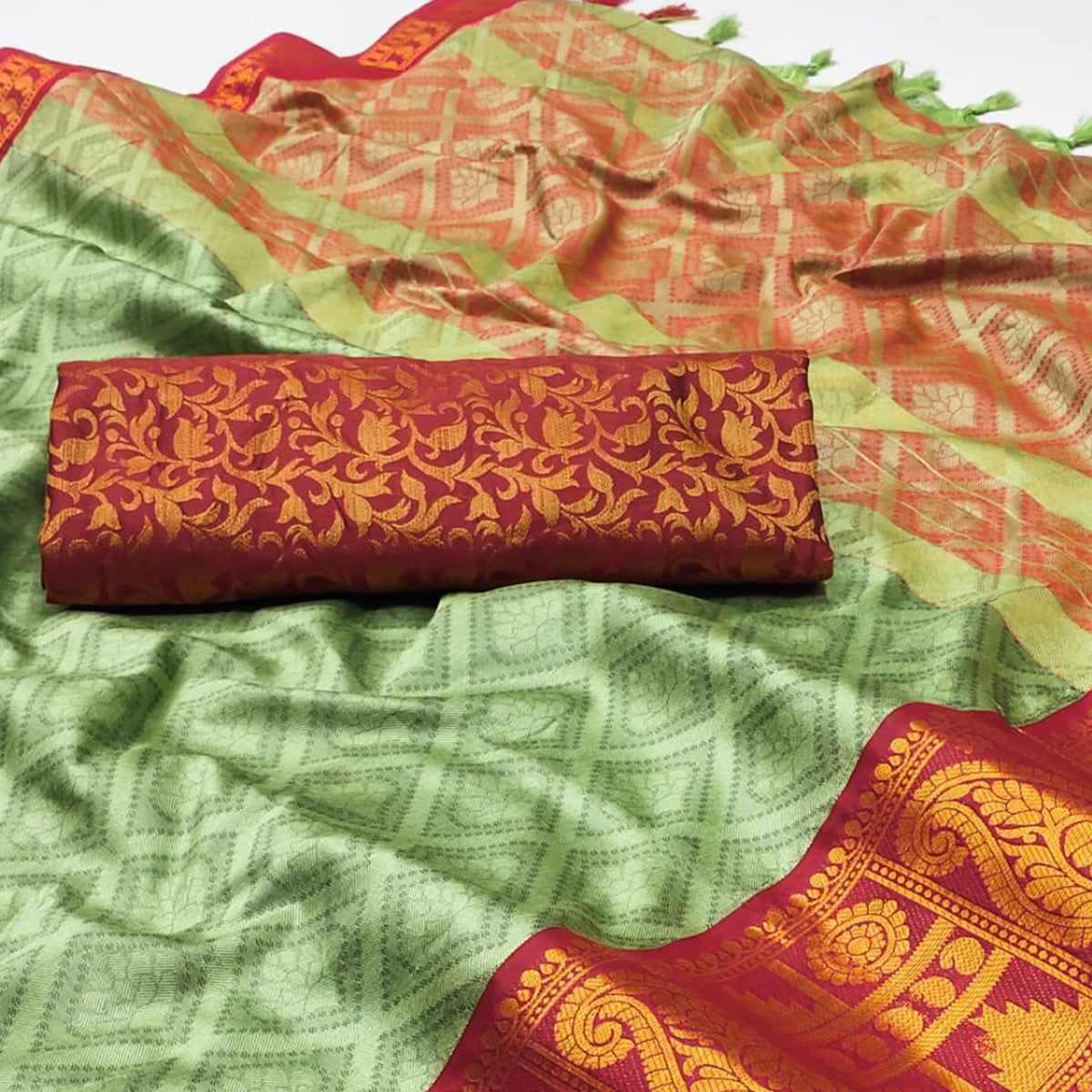 Green Woven Cotton Silk Saree With Tassels