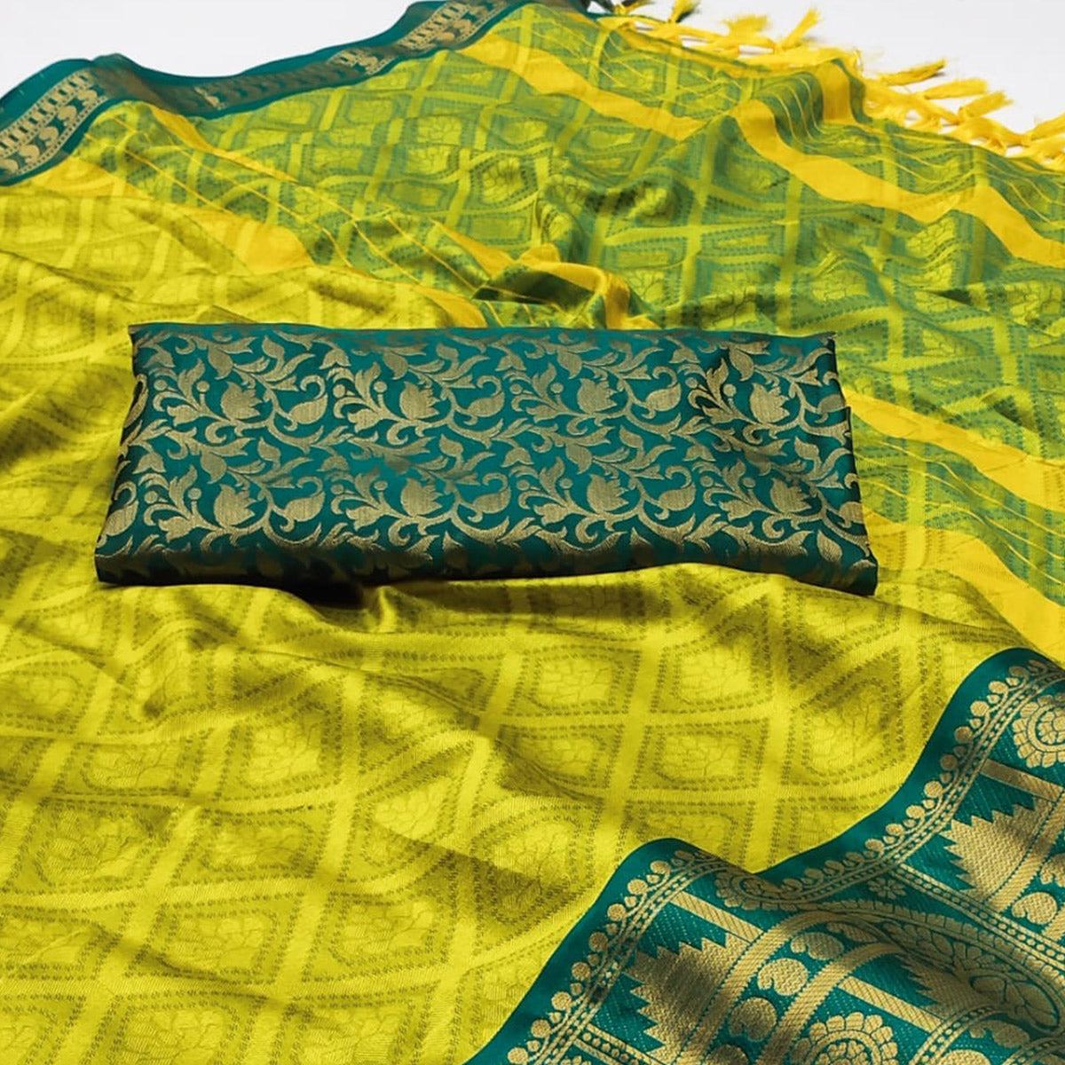 Lemon Yellow Woven Cotton Silk Saree With Tassels