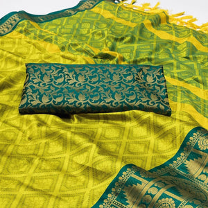 Lemon Yellow Woven Cotton Silk Saree With Tassels