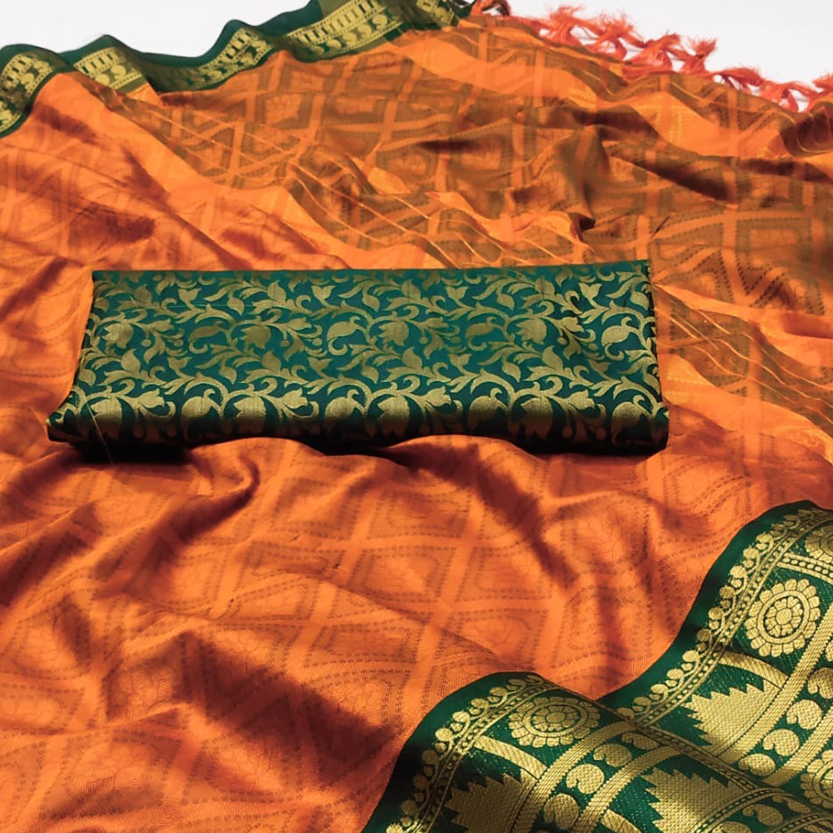 Orange Woven Cotton Silk Saree With Tassels